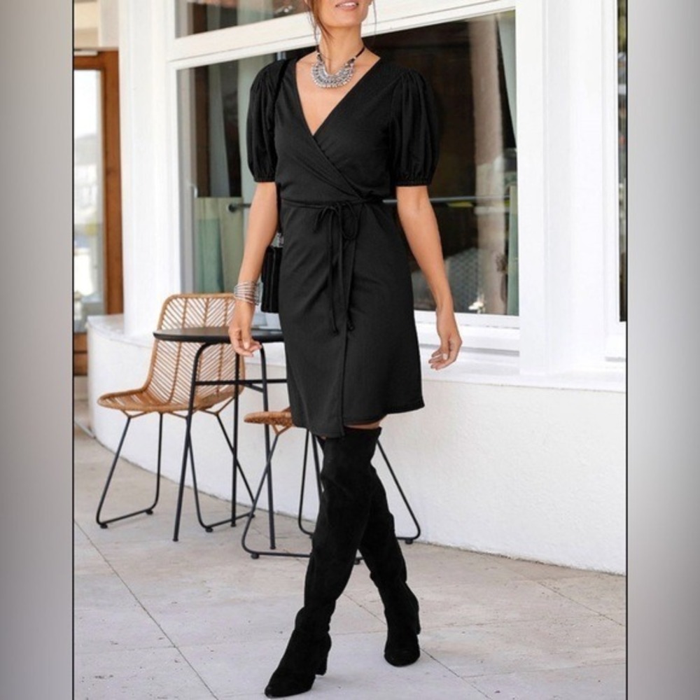 LASCANA Black Textured Wrap Dress Short Puff Sleeve V-Neck US 2 XS NWT